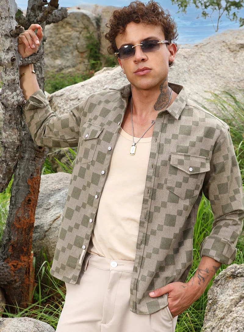 كامبوس سوترا Men's Sage Green Cubic Utility Shirt For Casual Wear | Spread Collar | Long Sleeve | Button Closure | Shirt Crafted With Comfort Fit For Everyday Wear